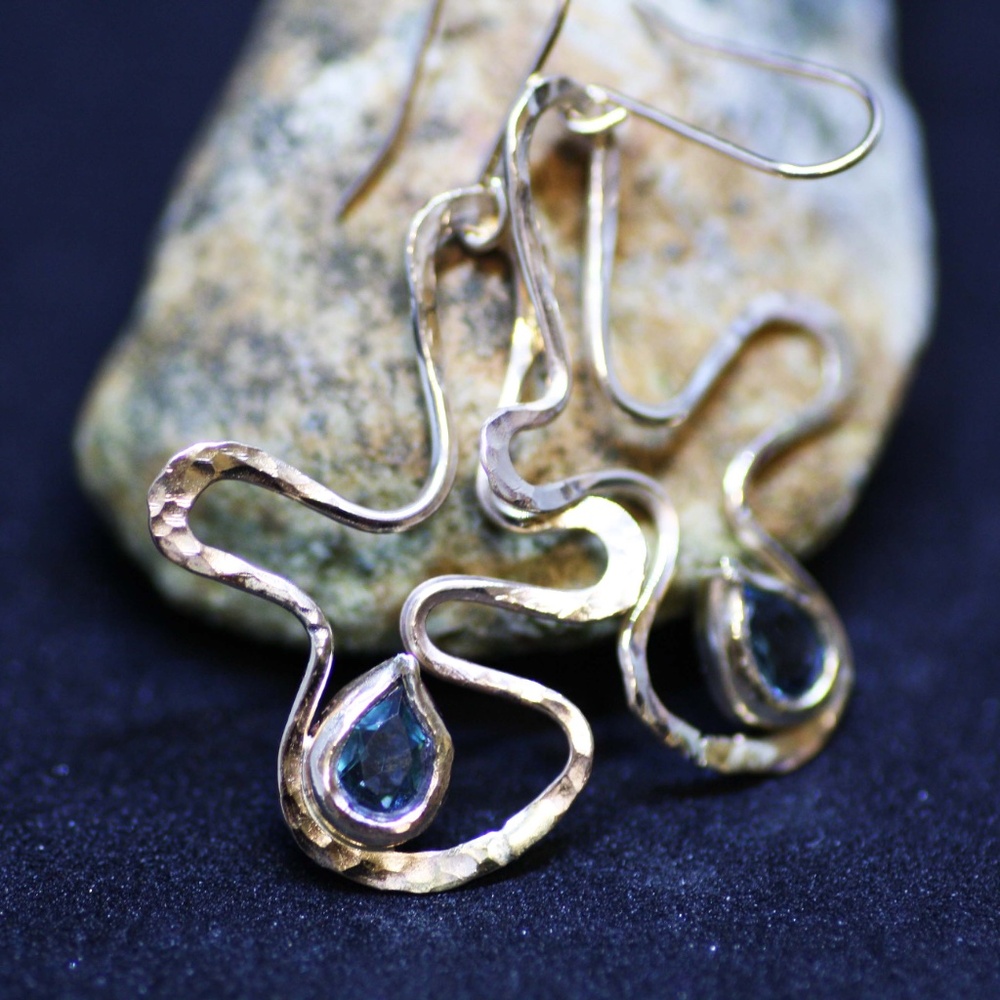 Handmade Natural Swiss Blue Topaz Earrings Solid 14K Yellow Gold 4th Anniversary - Picture 6 of 10